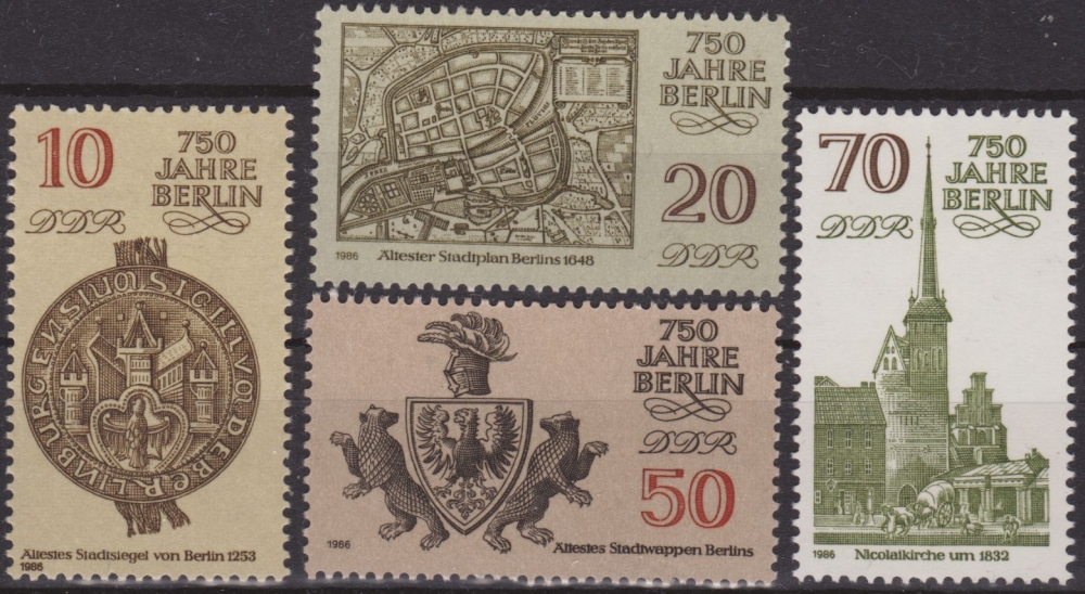 Alemania DDR 1986 Scott 2546/9 Sellos ** 750 Aniv. Berlin Sello Ciudad, Mapa, Escudo Armas e Iglesia Nicholas Timbres Allemagne Germania Germany Alemagne Deutschland
